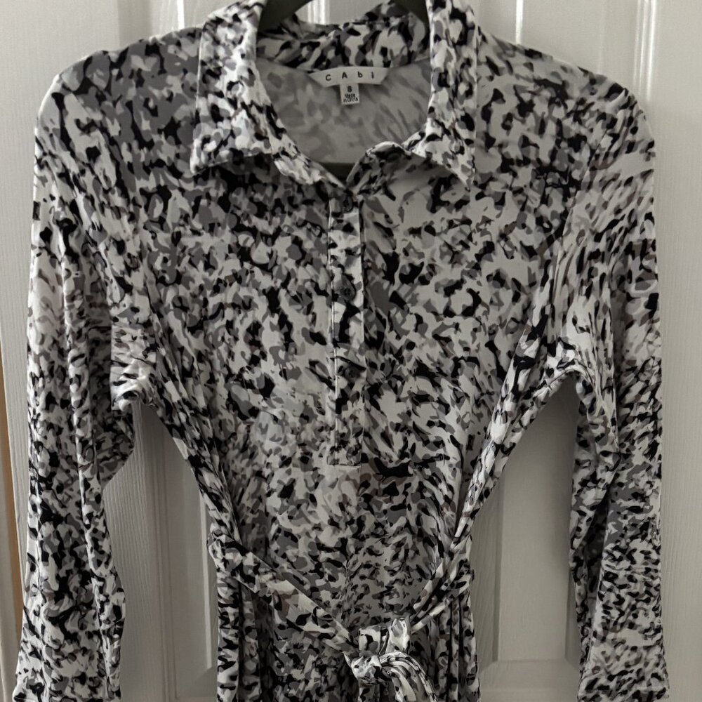 CABI Women's Black White Grey Print Jersey Stretch 3/4 Sleeve Dress Size Small